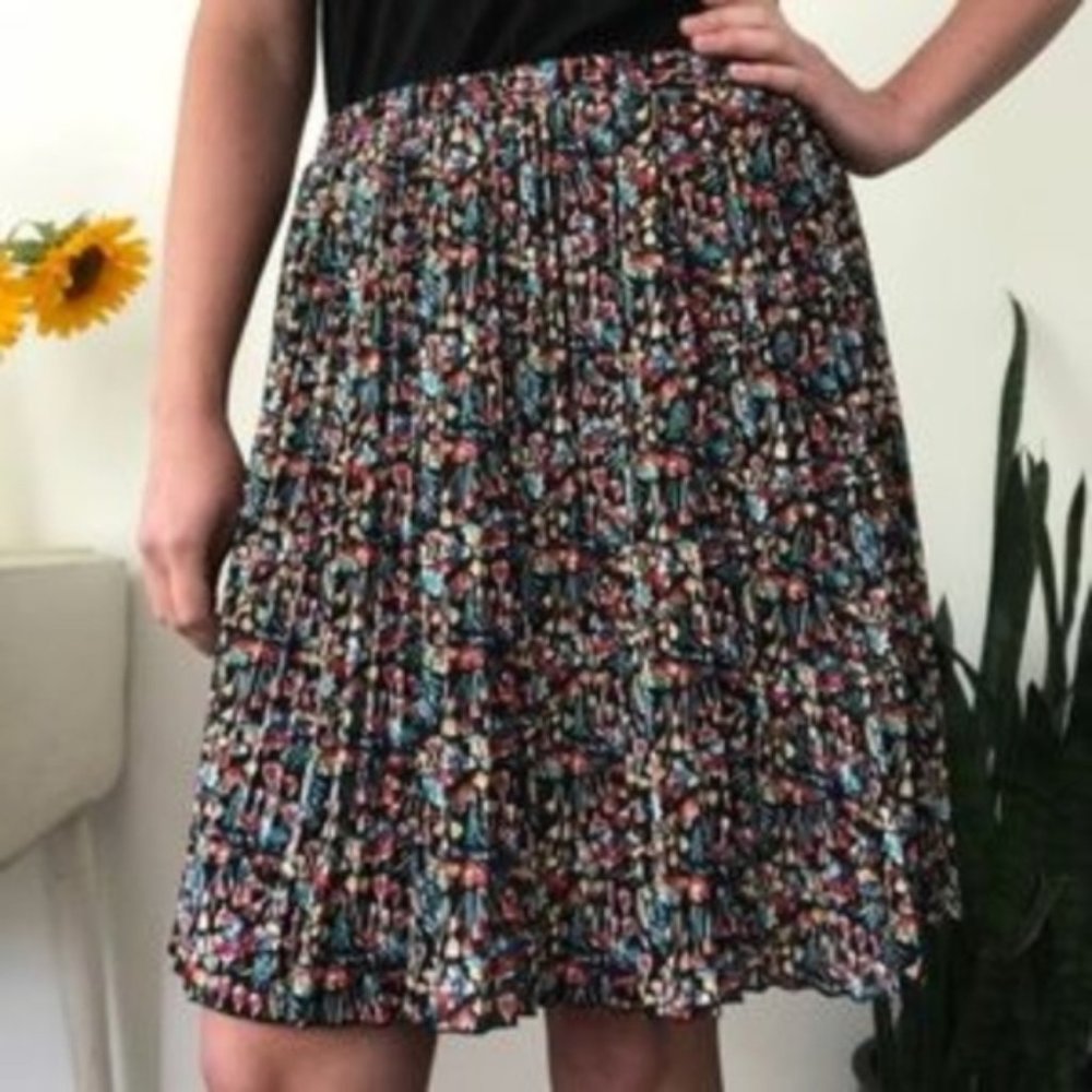 Anthropologie Tabitha Pleated Tulip Print Floral Elastic Waist Black Skirt